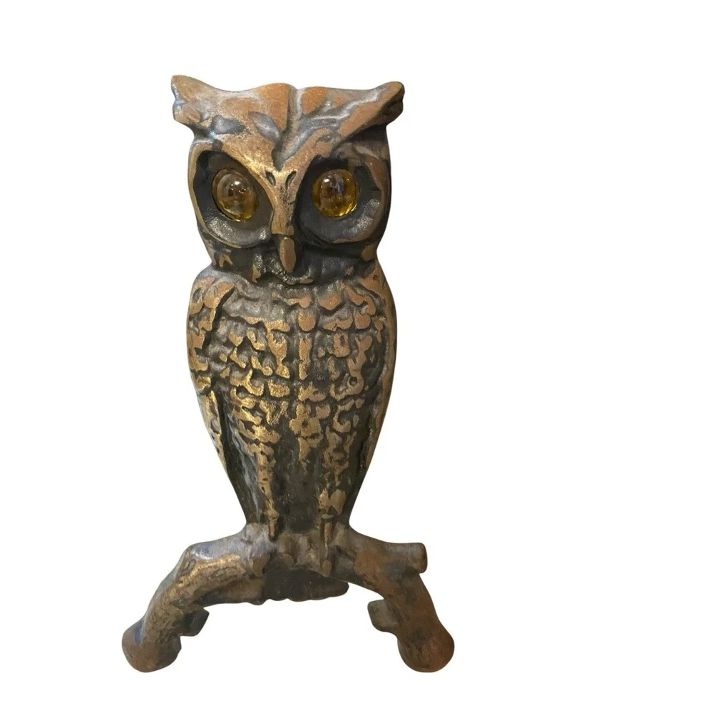 Antique Vintage Brass Owl Andirons Fireplace Amber Glass Eyes‎ 13